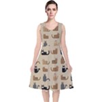 Cat Pattern Texture Animal V-Neck Midi Sleeveless Dress 