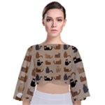 Cat Pattern Texture Animal Tie Back Butterfly Sleeve Chiffon Top