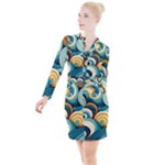 Wave Waves Ocean Sea Abstract Whimsical Button Long Sleeve Dress