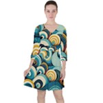 Wave Waves Ocean Sea Abstract Whimsical Quarter Sleeve Ruffle Waist Dress
