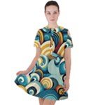 Wave Waves Ocean Sea Abstract Whimsical Short Sleeve Shoulder Cut Out Dress 