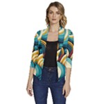 Wave Waves Ocean Sea Abstract Whimsical Women s Draped Front 3/4 Sleeve Shawl Collar Jacket
