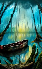 swamp bayou rowboat sunset landscape lake water moss trees logs nature scene boat twilight quiet pea