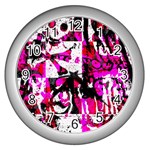 Pink Checker Graffiti Wall Clock (Silver)