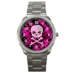Pink Plaid Skull Sport Metal Watch