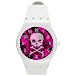 Pink Plaid Skull Round Plastic Sport Watch Medium