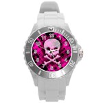 Pink Plaid Skull Round Plastic Sport Watch Large