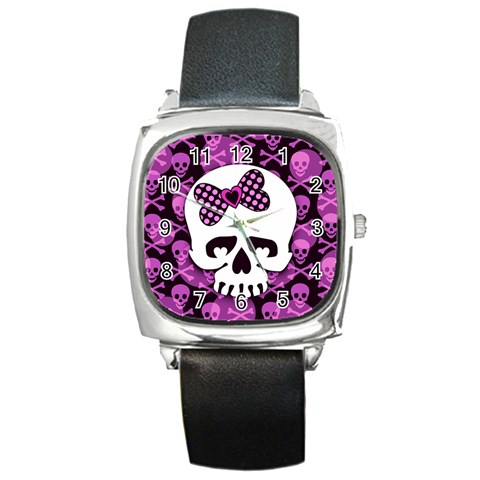 Pink Polka Dot Bow Skull Square Metal Watch from UrbanLoad.com Front