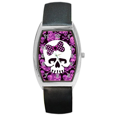 Pink Polka Dot Bow Skull Barrel Style Metal Watch from UrbanLoad.com Front