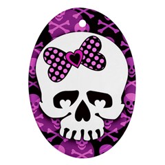 Pink Polka Dot Bow Skull Oval Ornament (Two Sides) from UrbanLoad.com Front