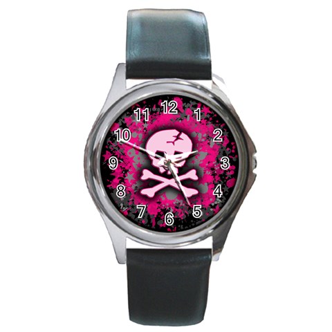 Pink Skull Star Splatter Round Metal Watch from UrbanLoad.com Front
