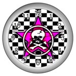 Pink Star Skull Checker Wall Clock (Silver)