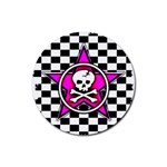 Pink Star Skull Checker Rubber Coaster (Round)