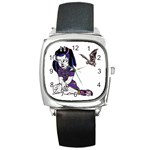 Goth Girl and Bat Square Metal Watch