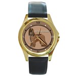 AFGHAN HOUND - Quality Round Metal Leather Strap Watch (Gold-Tone)