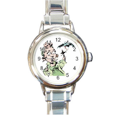 Scared Woman Holding Cross Round Italian Charm Watch from UrbanLoad.com Front
