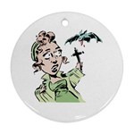 Scared Woman Holding Cross Ornament (Round)