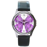 Purple Awareness Butterfly Round Leather Watch (Silver Rim)