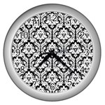 White On Black Damask Wall Clock (Silver)