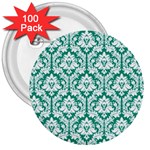 White On Emerald Green Damask 3  Button (100 pack)