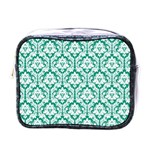 White On Emerald Green Damask Mini Travel Toiletry Bag (One Side)