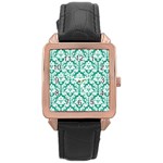 White On Emerald Green Damask Rose Gold Leather Watch 