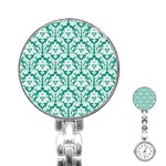 White On Emerald Green Damask Stainless Steel Nurses Watch