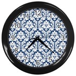 White On Blue Damask Wall Clock (Black)