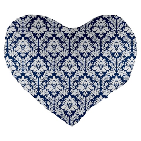 Navy Blue Damask Pattern Large 19  Premium Heart Shape Cushion from UrbanLoad.com Front