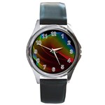 Liquid Rainbow, Abstract Wave Of Cosmic Energy  Round Leather Watch (Silver Rim)