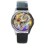Desert Winds, Abstract Gold Purple Cactus  Round Leather Watch (Silver Rim)