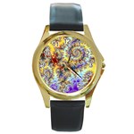 Desert Winds, Abstract Gold Purple Cactus  Round Leather Watch (Gold Rim) 
