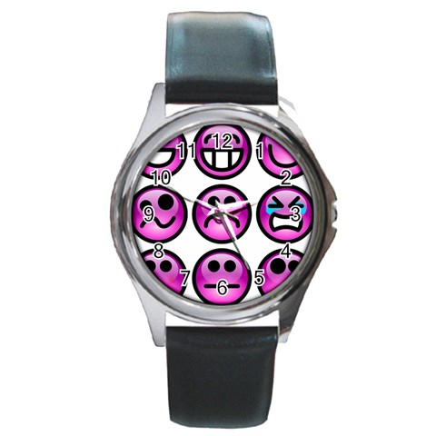 Chronic Pain Emoticons Round Leather Watch (Silver Rim) from UrbanLoad.com Front