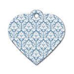 White On Light Blue Damask Dog Tag Heart (Two Sided)