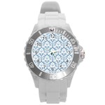 White On Light Blue Damask Plastic Sport Watch (Large)