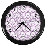 White On Lilac Damask Wall Clock (Black)