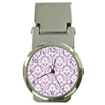 White On Lilac Damask Money Clip with Watch