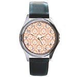 White On Orange Damask Round Leather Watch (Silver Rim)