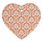White On Orange Damask Heart Ornament (Two Sides)