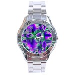 Evening Crystal Primrose, Abstract Night Flowers Stainless Steel Watch