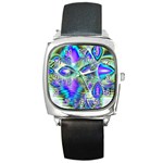 Abstract Peacock Celebration, Golden Violet Teal Square Leather Watch