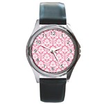 White On Soft Pink Damask Round Leather Watch (Silver Rim)