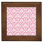 White On Soft Pink Damask Framed Ceramic Tile
