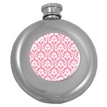 White On Soft Pink Damask Hip Flask (Round)