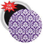 White on Purple Damask 3  Button Magnet (100 pack)