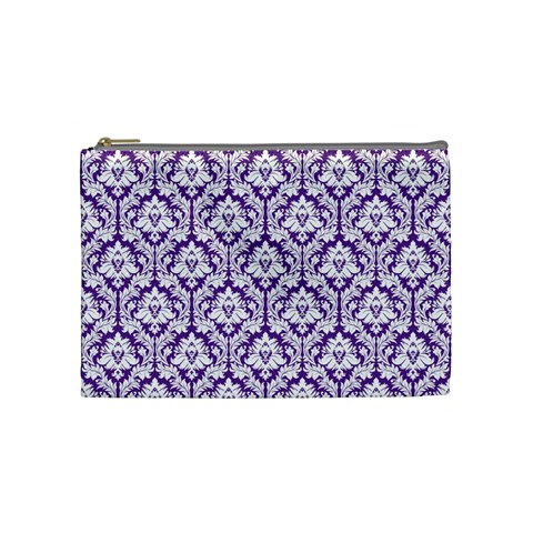 White on Purple Damask Cosmetic Bag (Medium) from UrbanLoad.com Front