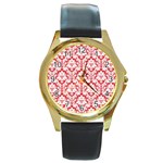White On Red Damask Round Leather Watch (Gold Rim) 