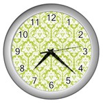 White On Spring Green Damask Wall Clock (Silver)