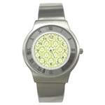 White On Spring Green Damask Stainless Steel Watch (Slim)