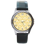 White On Sunny Yellow Damask Round Leather Watch (Silver Rim)
